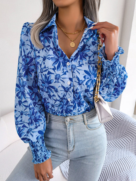 Spring Summer Casual Lantern Sleeve Contrast Color Floral Collared Shirt Women Clothing