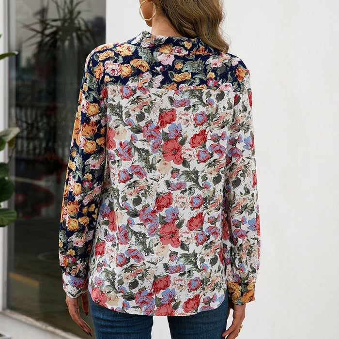 Loose Casual Floral Long Sleeved Shirt Single Breasted Multicolor Floral Shirt Top Women