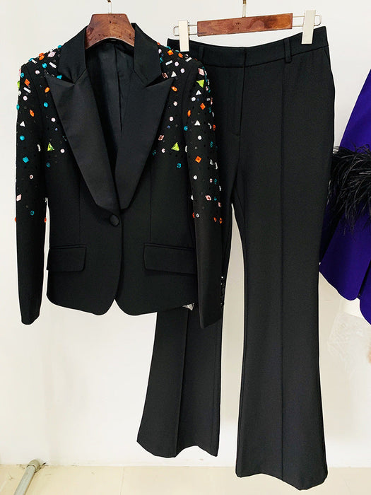 Goods Heavy Industry Beaded Colored Diamond Slim Fit Blazer Skinny Pants Suit Two Pieces