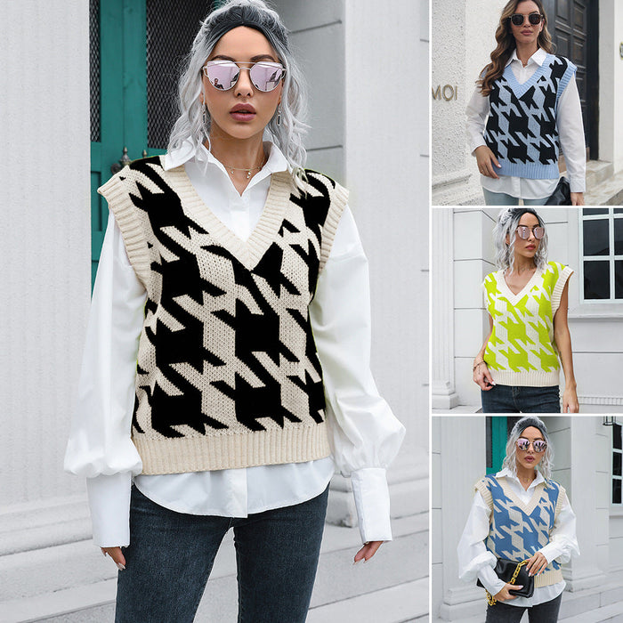 Houndstooth V-neck Vest Sweater Women Vest Outer Wear Inner Wear Autumn Winter Knitwear Sweater Boucle