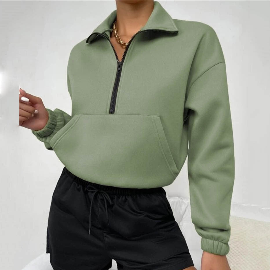 Autumn Women Clothing Loose Zip Collar Long Sleeve Sweatshirt Tops
