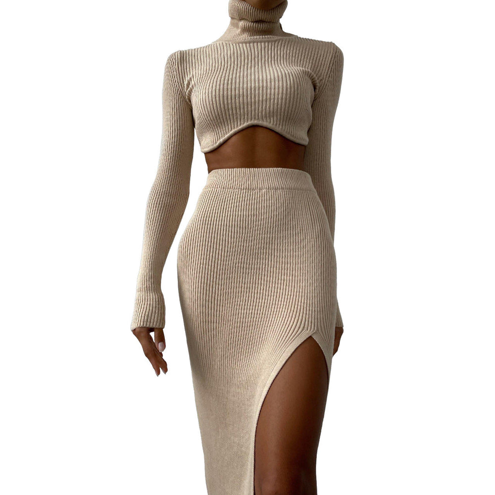 Women Clothing Autumn Winter Thread Turtleneck Irregular Asymmetric Skirt Slit Slim