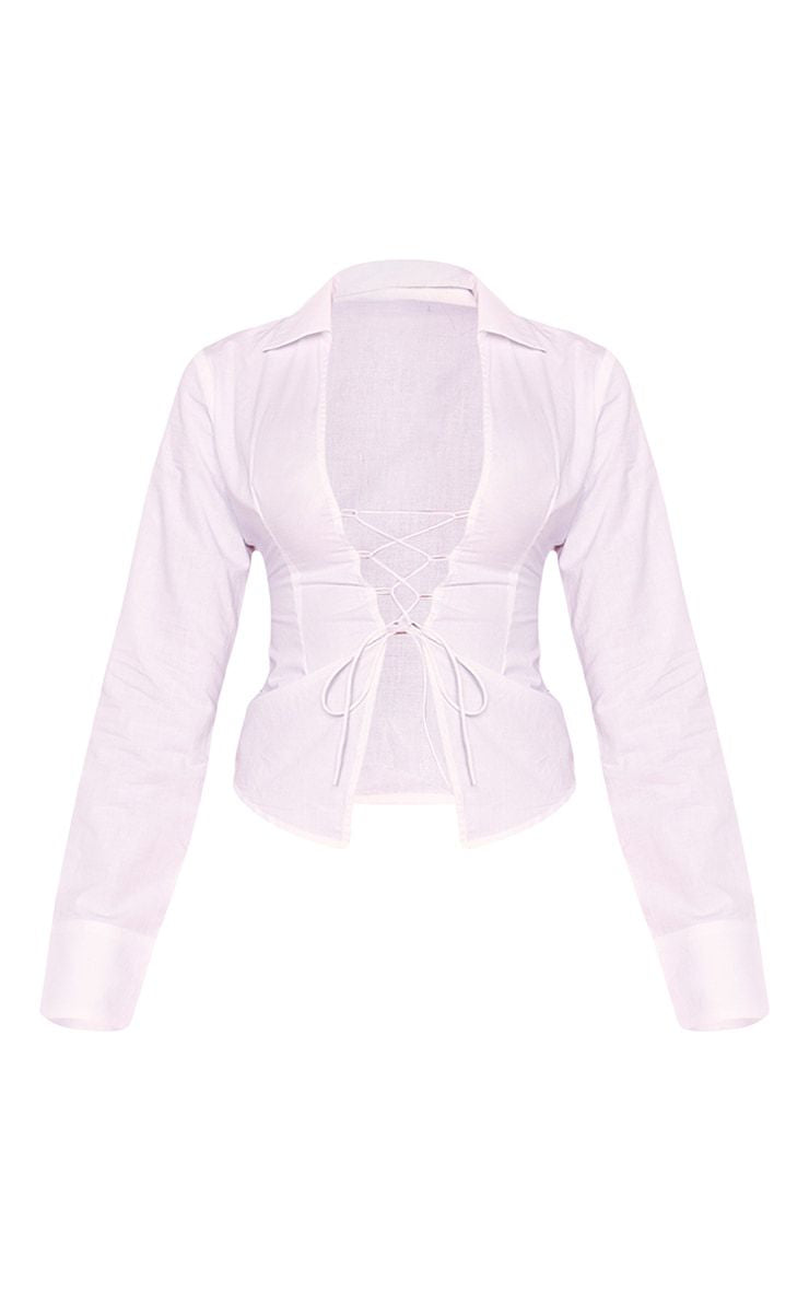 Sexy Solid Color Women  Lace Up Placket Cropped Shirt Women