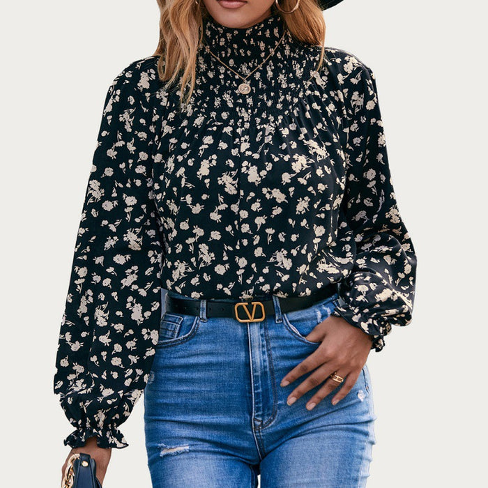 Turtleneck Ruffle Sleeve Floral Smocking Shirt Casual Loose Printed Long Sleeve Shirt Top for Women