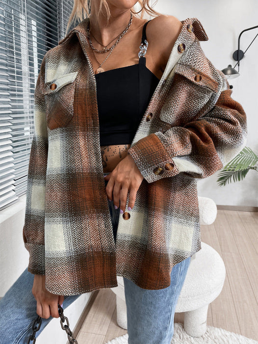 Blogger Women Clothing Autumn Winter Collared Plaid Shacket Office Loose Single-Breasted Woolen Coat