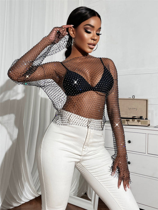 Women Clothing Transparent Sexy Nightclub Women Clothing Grid Rhinestone round Neck Long Sleeve Top