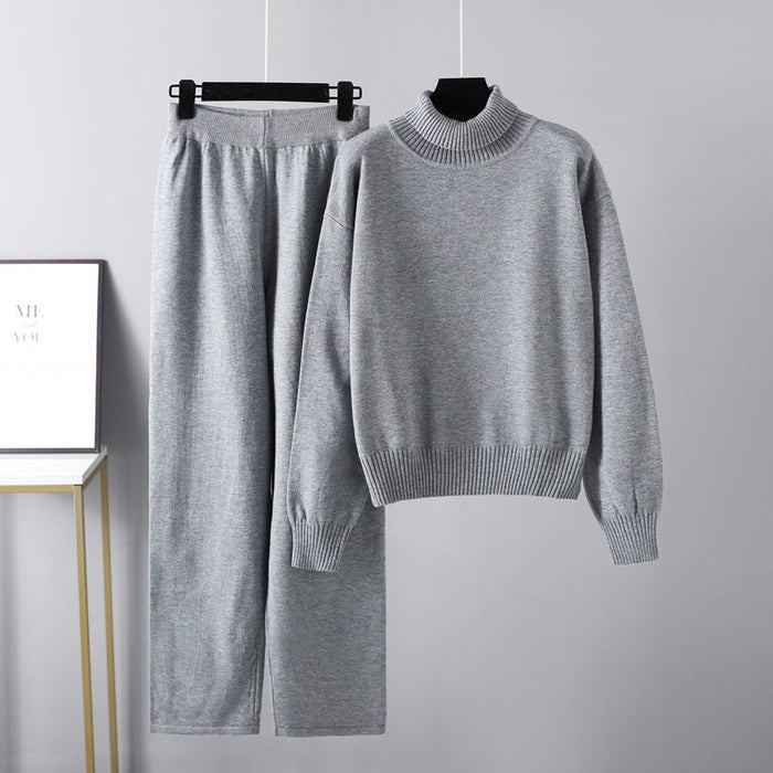 High Collar Suit Autumn Winter Solid Color All Matching Outer Wear Knitted Top Casual Pants Two Piece Set