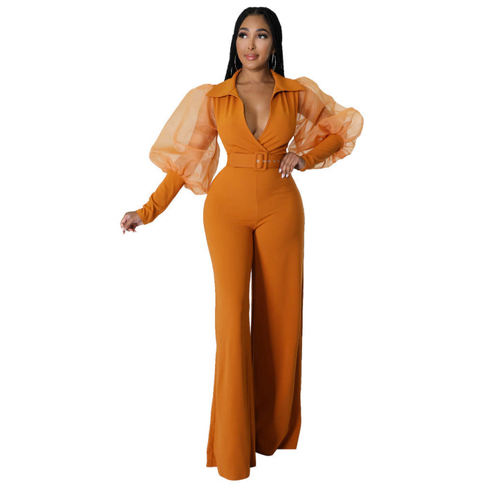 V-neck Mesh Puff Sleeve Special Women Clothing Loose Flared Jumpsuit