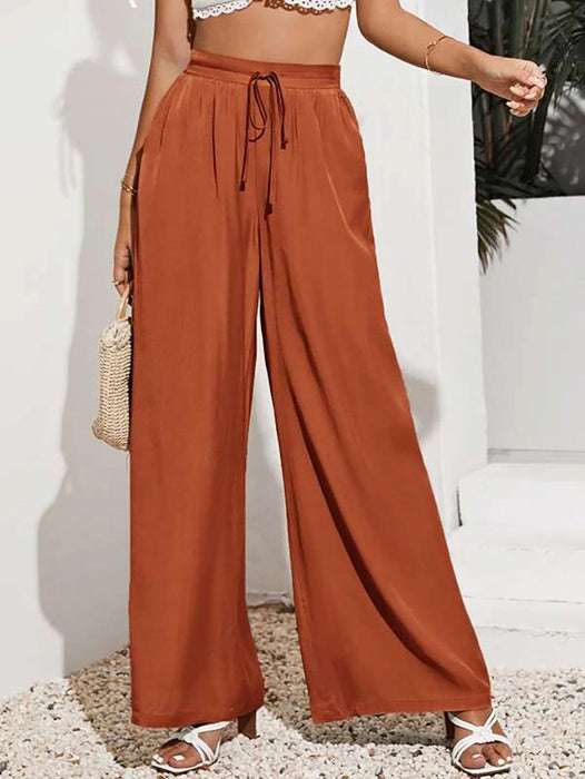 Women Summer High Waist Casual Trousers Solid Color Elastic Waist Lace up Loose Wide Leg Pants Women