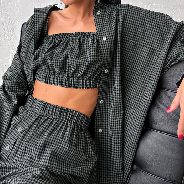 Women Clothing Summer Office Long Sleeve Shirt Shorts Tube Top Vest Three Piece Plaid Suit