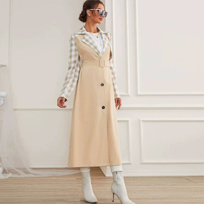 Autumn Winter Women Clothing Plaid Stitching Woolen Coat