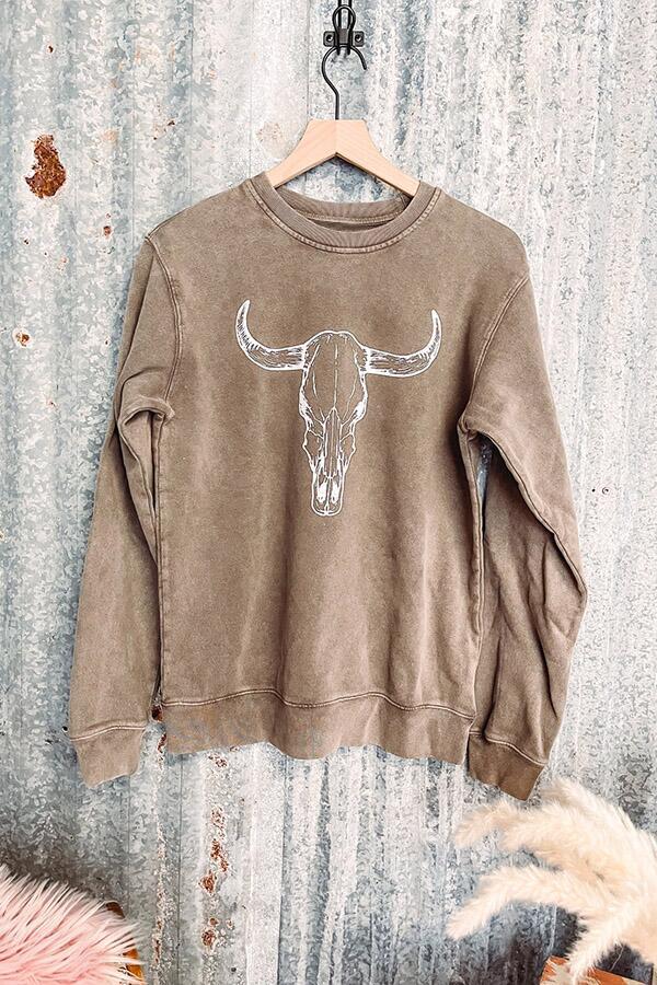 Ladies Cotton Cow Head Glue Printing Pullover Sweater