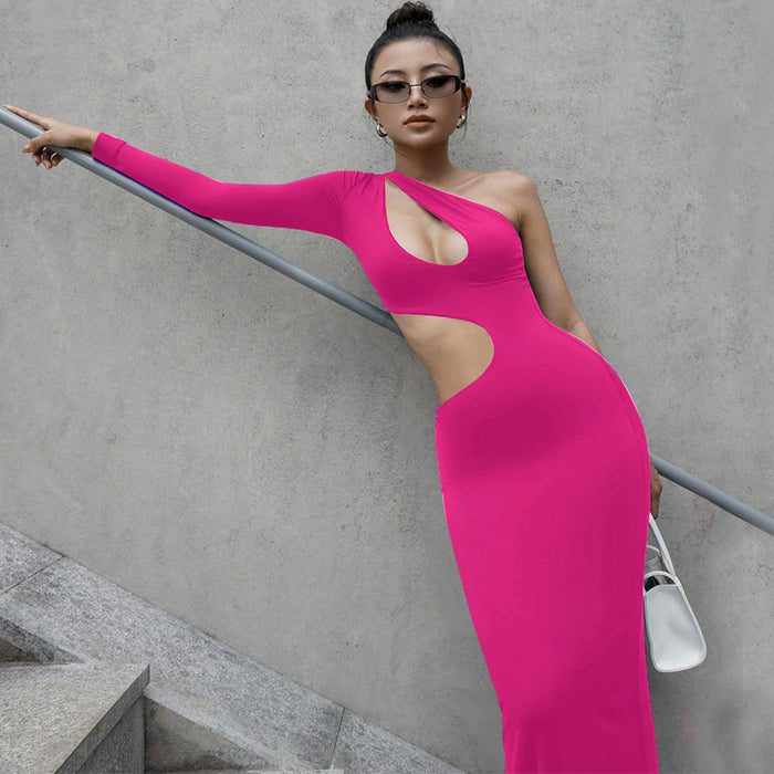 Women Clothing Autumn Sexy Cutout One Shoulder Long Sleeve Dress