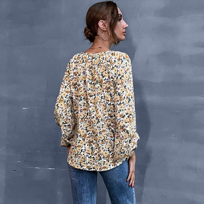 Early Autumn Holiday Women Loose Fitting V Neck Long Sleeves Floral Shirt