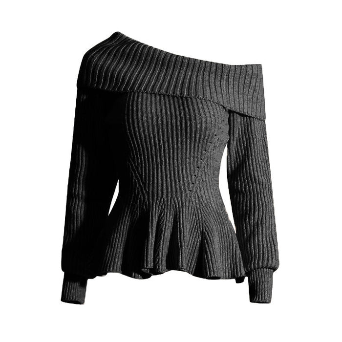 Autumn Winter Oblique Shoulder Ruffles Hem Waist Slimming Solid Color Knitted Sweaters Women Clothing