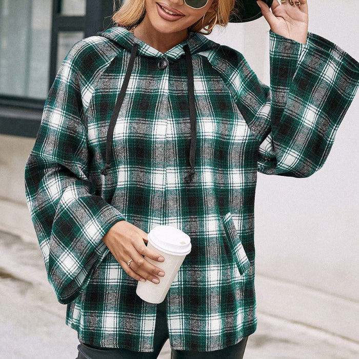 Casual Hooded Checked Shirt Loose Plaid Trench Coat Coat Top Women Outerwear