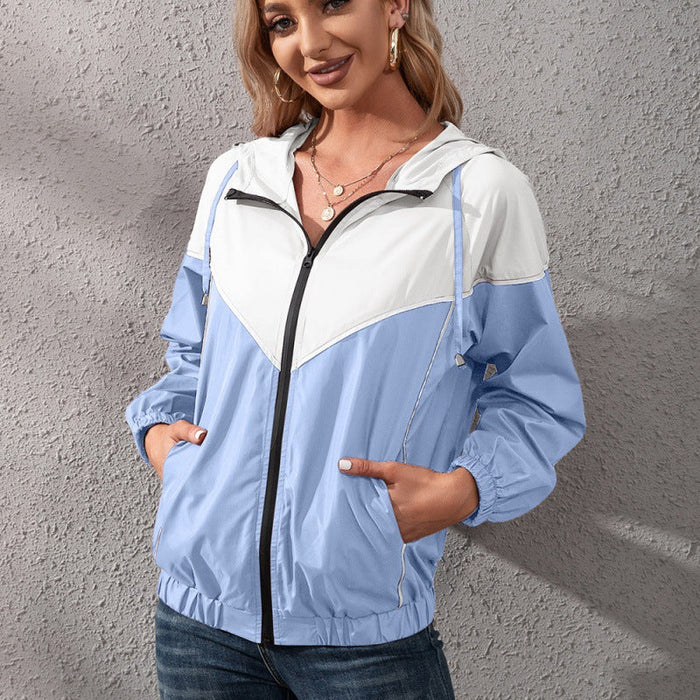 Outdoor Casual Sports Mountaineering Blazer Color Matching Raincoat Jacket Hooded Waterproof Coat Top Women