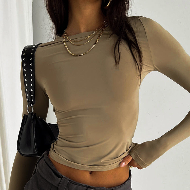 Women  Clothing Spring Solid Color round Neck Long Sleeve Basic  Top