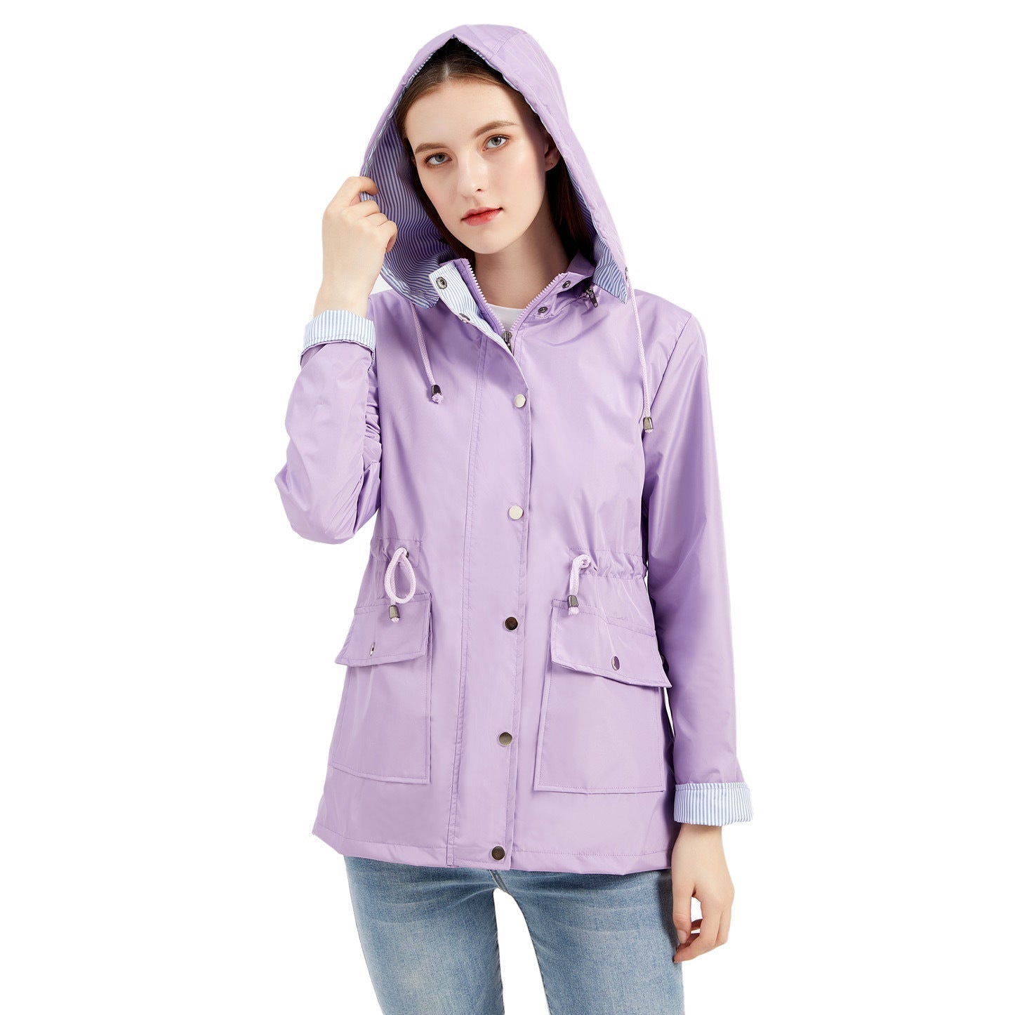 New Spring Autumn Detachable Hat Windbreaker Women Women Clothing Striped Inner Coat Plus Size Women