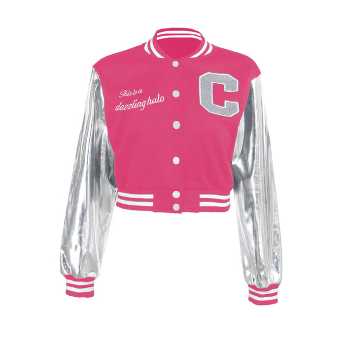 Metallic Coated Fabric Street Stitching Embroidered Varsity Jacket Autumn Winter Three Dimensional Button Slim Jacket