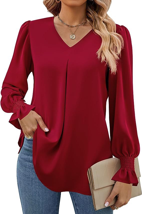 Women Clothing Autumn Winter Solid Color Chiffon Shirt V Neck Pullover Horn Long Sleeve Top Shirt