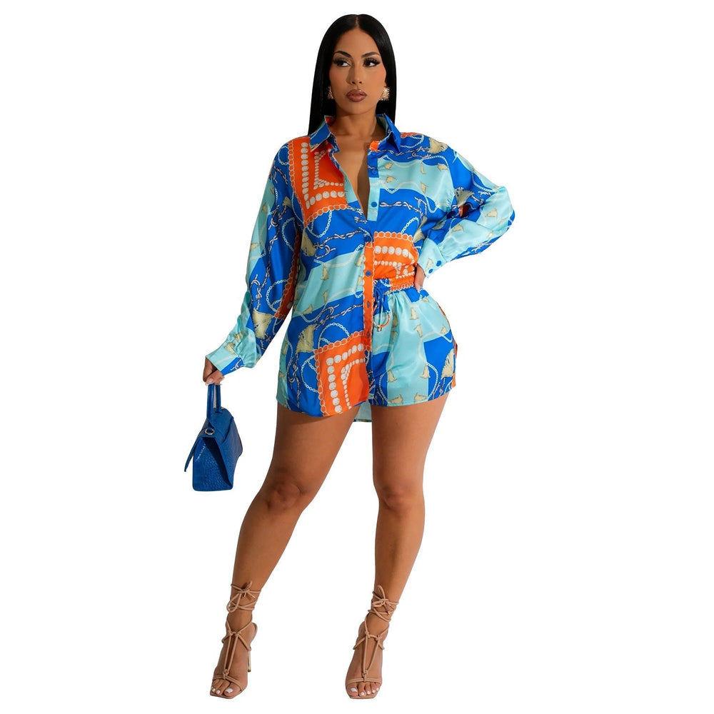 Women Wear Color Stitching Turnover Neck Shirt Long Sleeve Shorts Two Piece Set