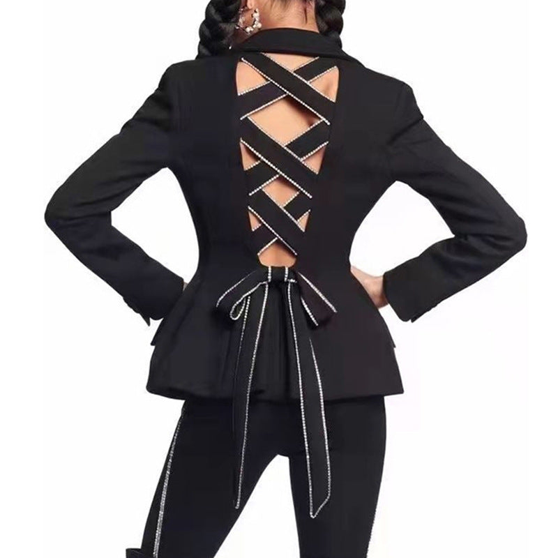 Sexy Socialite Autumn Collar Long Sleeve Slim Back Bow Design Backless Blazers