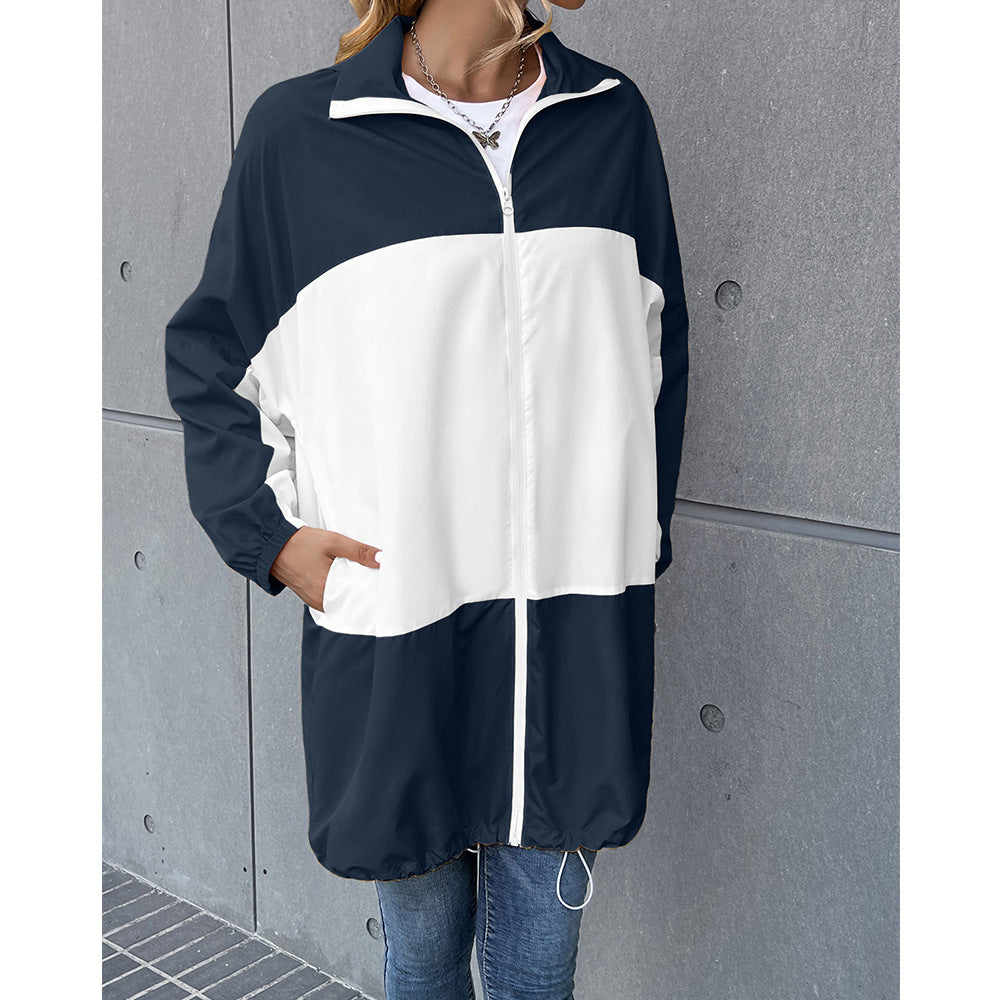 Hooded Color Matching Waterproof Outdoor Sports Mountaineering Pocket Raincoat Casual Coat Jacket Top
