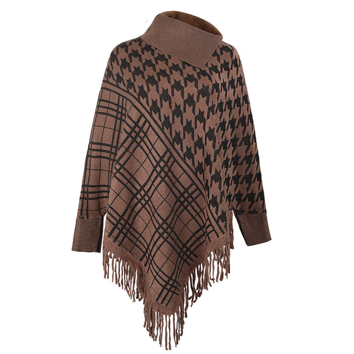 Autumn Winter Shawl Cape Knitwear Sweater Half Open Collar Tassel Hem Coat