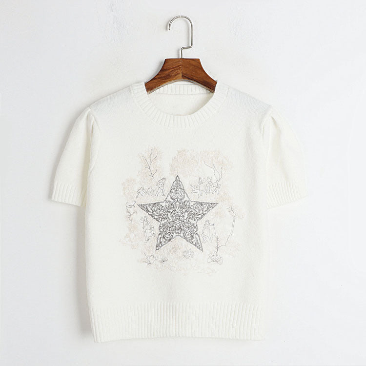 Round Neck Cropped Short Sleeved Top Early Spring Machine Embroidery Five Pointed Star Pattern Sweater