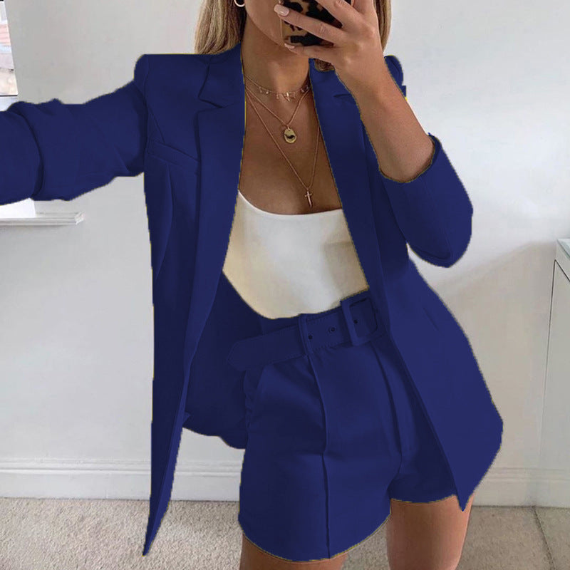 Top Shorts Suit with belt Sexy Women Casual Polo Collar Cardigan