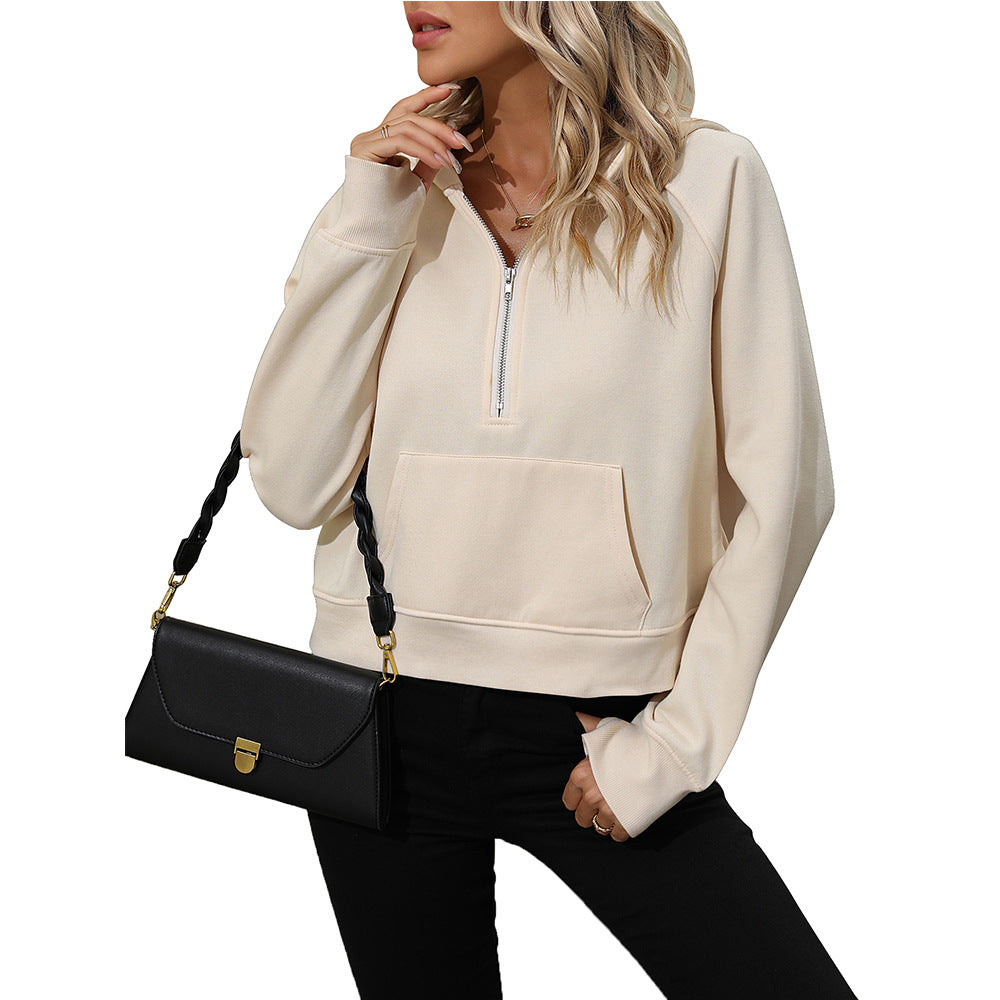 Ladies Half Zip Pullover Hooded Sweatshirt Fleece Short Chic Sweatshirt