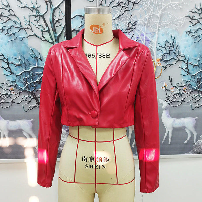 Women Clothing Autumn Winter Tube Top Split Dress Women Collared Short Coat Women Leather Top