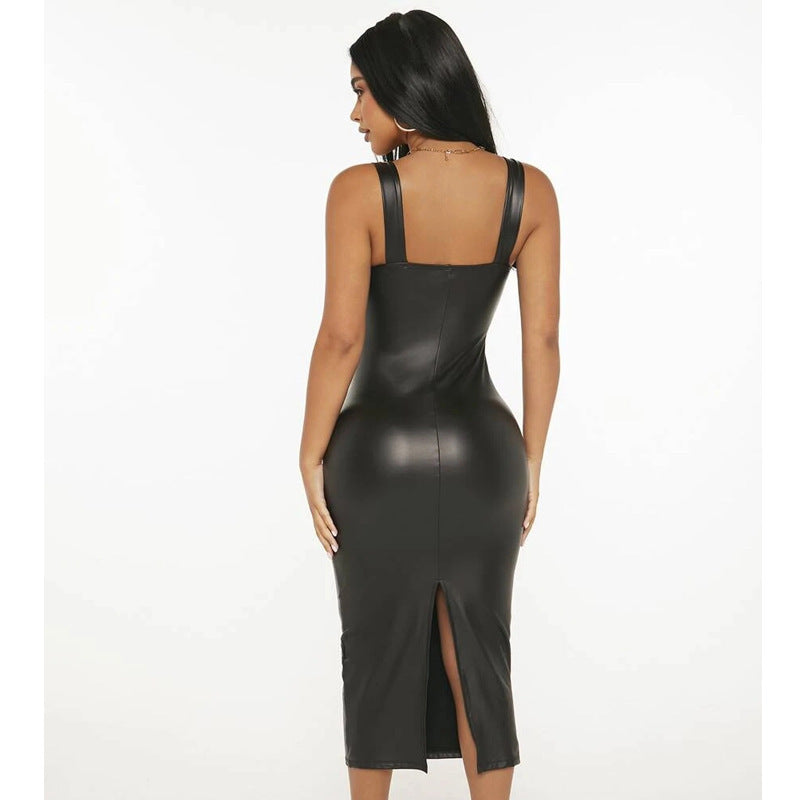 Summer Sling Square Collar Tight Waist Hip Split Mid Length Faux Leather Dress Women Dress