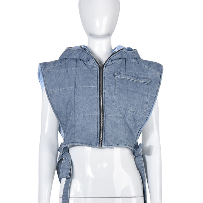 Women Clothing Denim Quilted Washed Hooded Sleeveless Workwear Short Vest