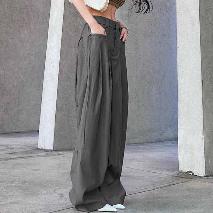 Retro Street High Grade sexy Loose Wide-Leg Pants Elegant Pleated Pocket All Matching Casual Mopping Pants Trousers