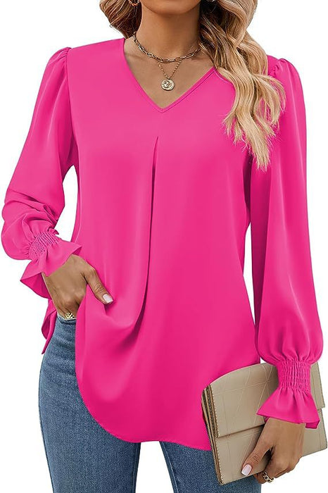 Women Clothing Autumn Winter Solid Color Chiffon Shirt V Neck Pullover Horn Long Sleeve Top Shirt