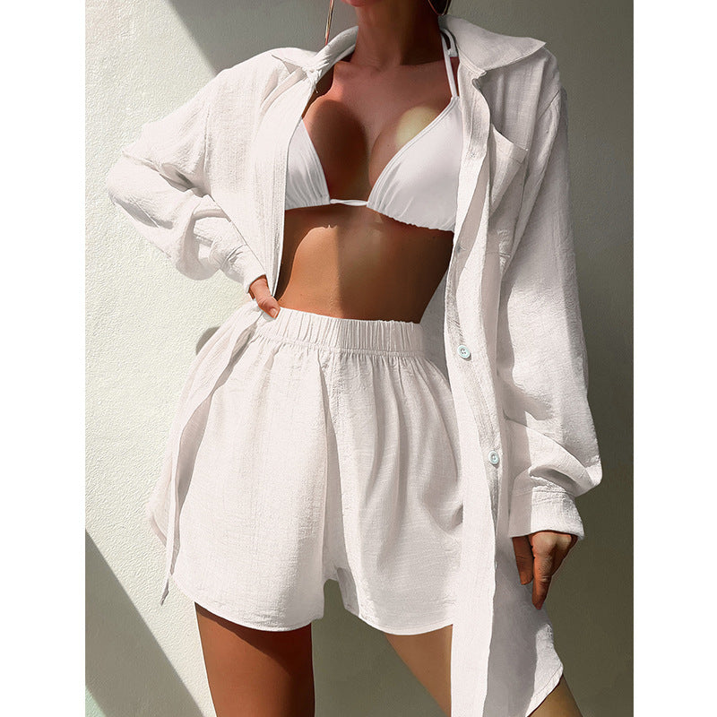 Beach Vacation Solid Color Shirt Suit Sexy Loose Sun Protective Clothing Casual Beach Swimsuit Blouse