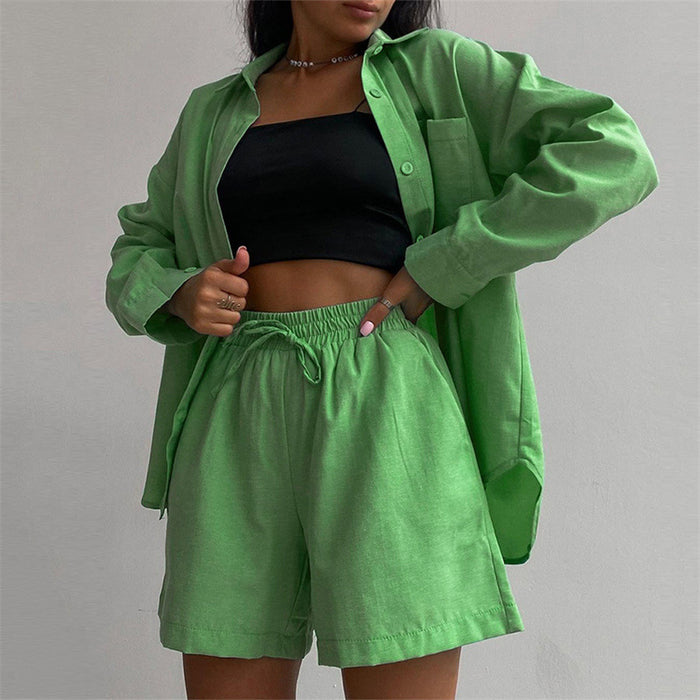 Casual Home Wear Set Spring Summer Women Long Sleeved Shirt Top Straight Shorts Two Piece Set