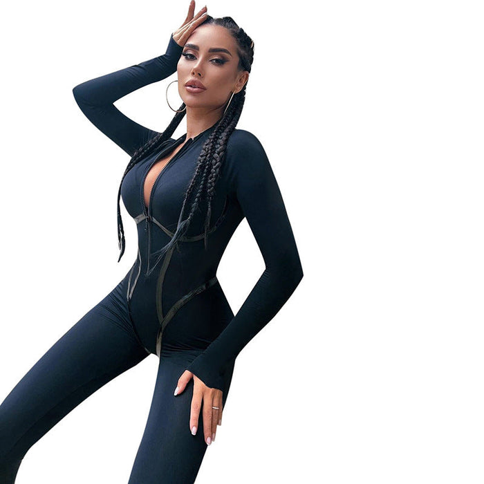 Sexy Sports Leather Ribbon Split Line Long Sleeve Zipper Skinny Hip Raise Jumpsuit