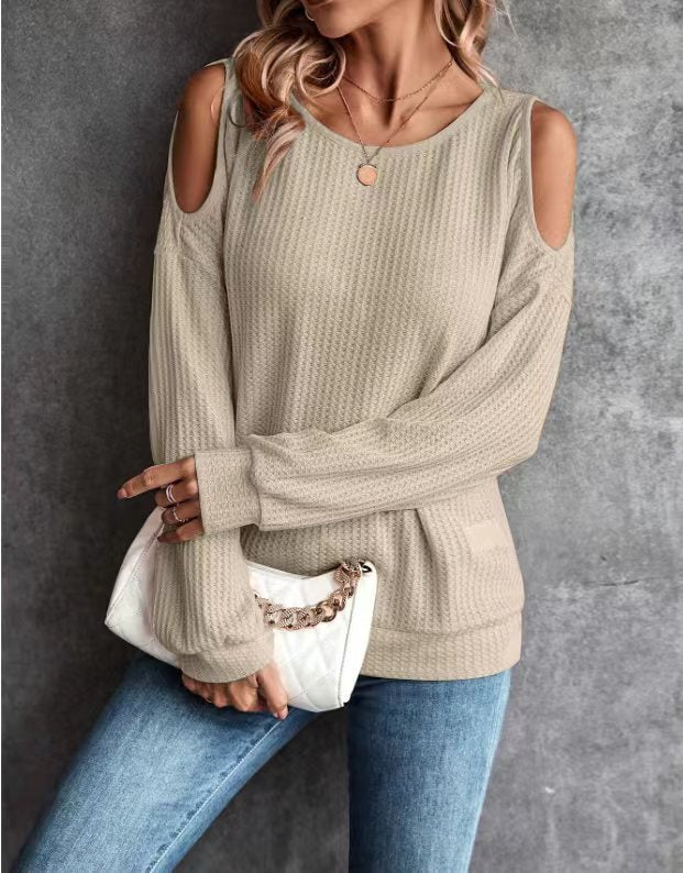 Autumn Winter Off The Shoulder Button Loose Long Sleeved T Shirt Top Women