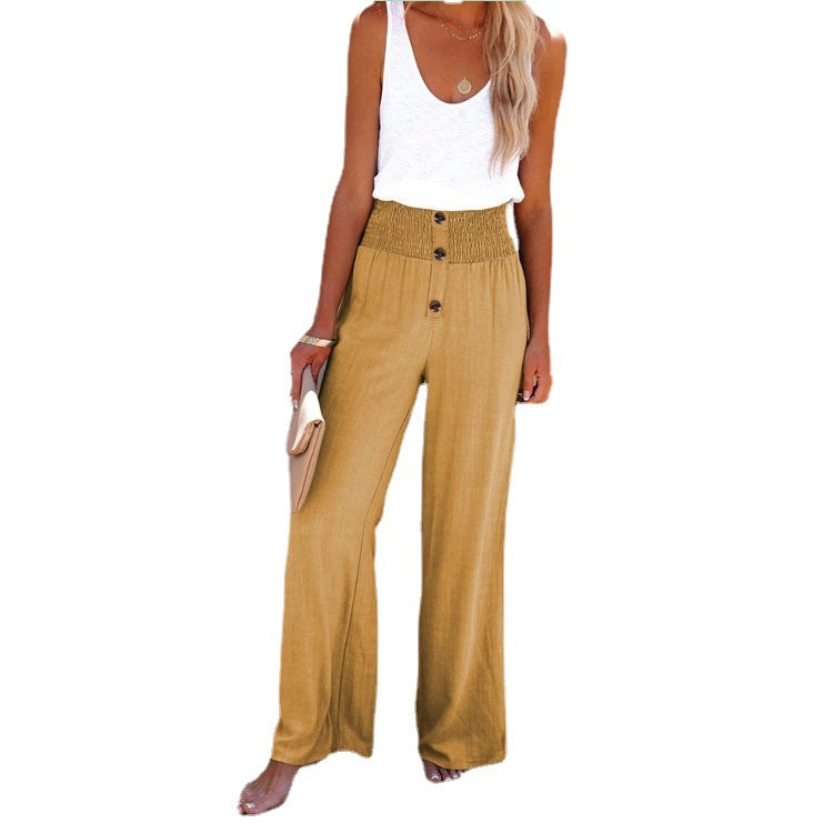 Women Clothing High Waist Loose Long Cotton Linen Wide Leg Pants Elastic Loose Casual Wide Leg Women