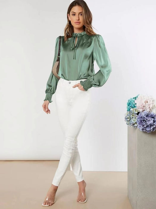 Women Shirt Autumn Arrival Elegant Solid Color Round Neck Long Sleeve Lace up Straight Satin Blouse