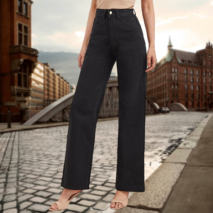 Black High Waist Straight All Matching Loose Denim Trousers Women Jeans