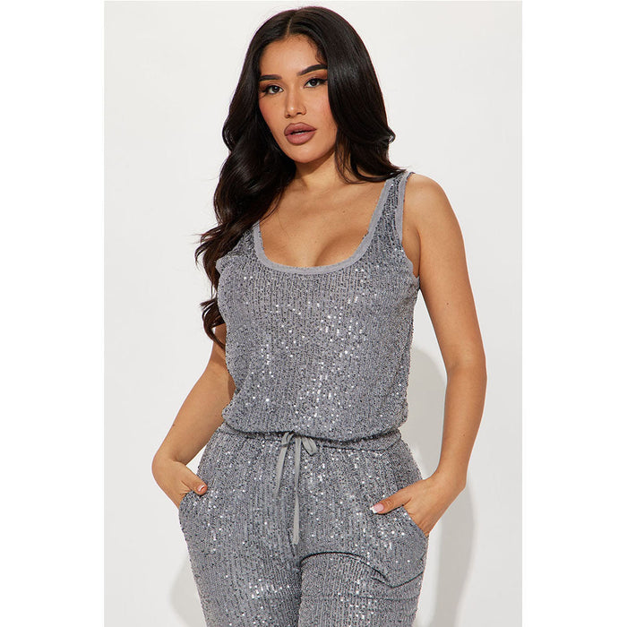 Women Clothing Casual Sequin Sexy Sleeveless One Piece Trousers