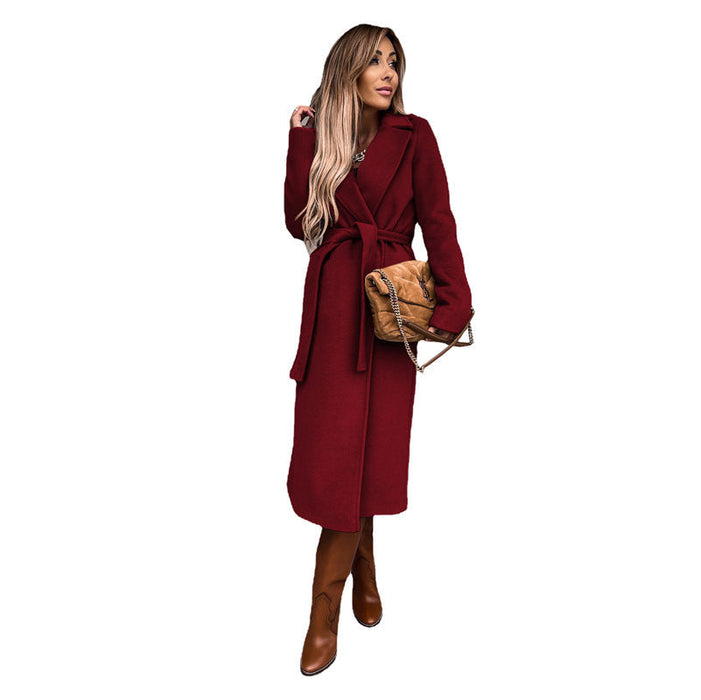 Autumn Winter Women Clothing Solid Color Polo Collar Long Sleeved Woolen Coat Simple Lace up Trench Coat