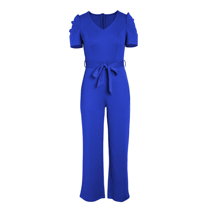 Women Clothing Autumn Solid Color V Neck Tied High Waist Puff Short Sleeve Wide Leg Jumpsuit