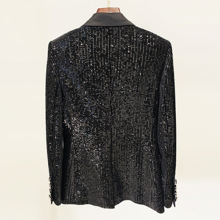 Goods Gold Velvet Sequined Double Breasted Blazer Slim Fit Skinny Pants Suit