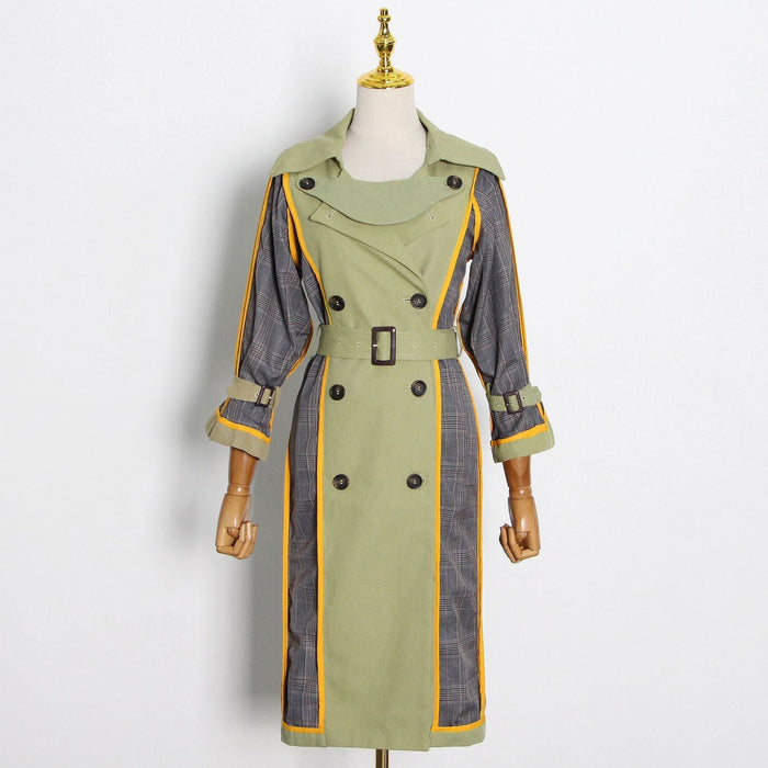 Celebrity Trench Coat Autumn Personalized Double Breasted Plaid Stitching Mid Length Baggy Coat