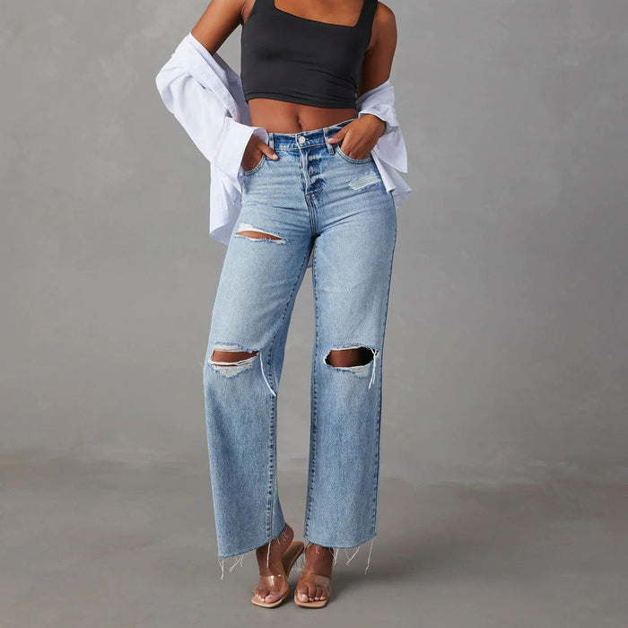 Ripped Raw Hem Jeans Casual Washed Women Straight Leg Pants Raw Hem High Waist Jeans